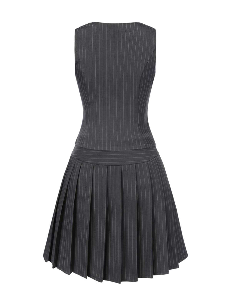 2PCS Gilet à rayures fines gris foncé et jupe plissée des années 60