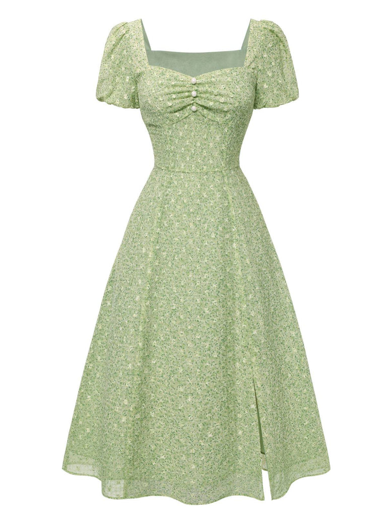 Robe verte à petites fleurs col cœur des années 1940