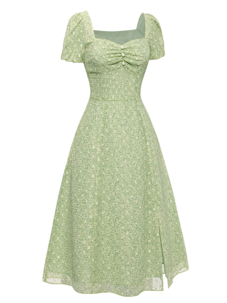 Robe verte à petites fleurs col cœur des années 1940