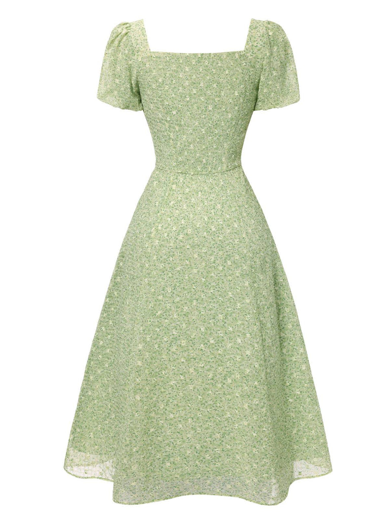 Robe verte à petites fleurs col cœur des années 1940