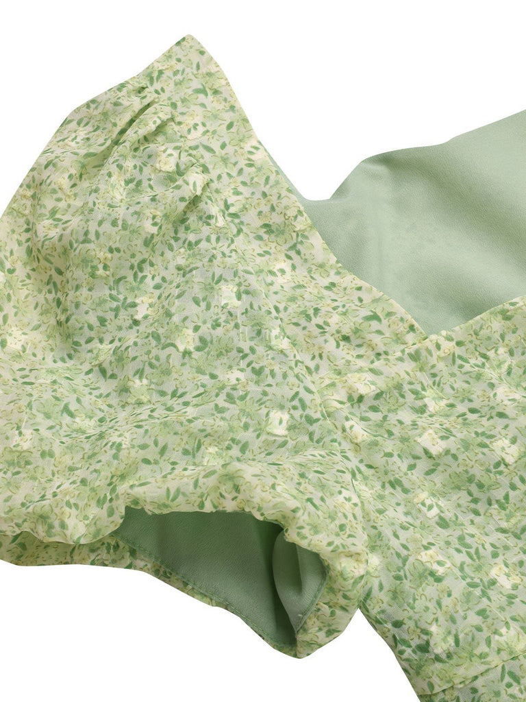 Robe verte à petites fleurs col cœur des années 1940