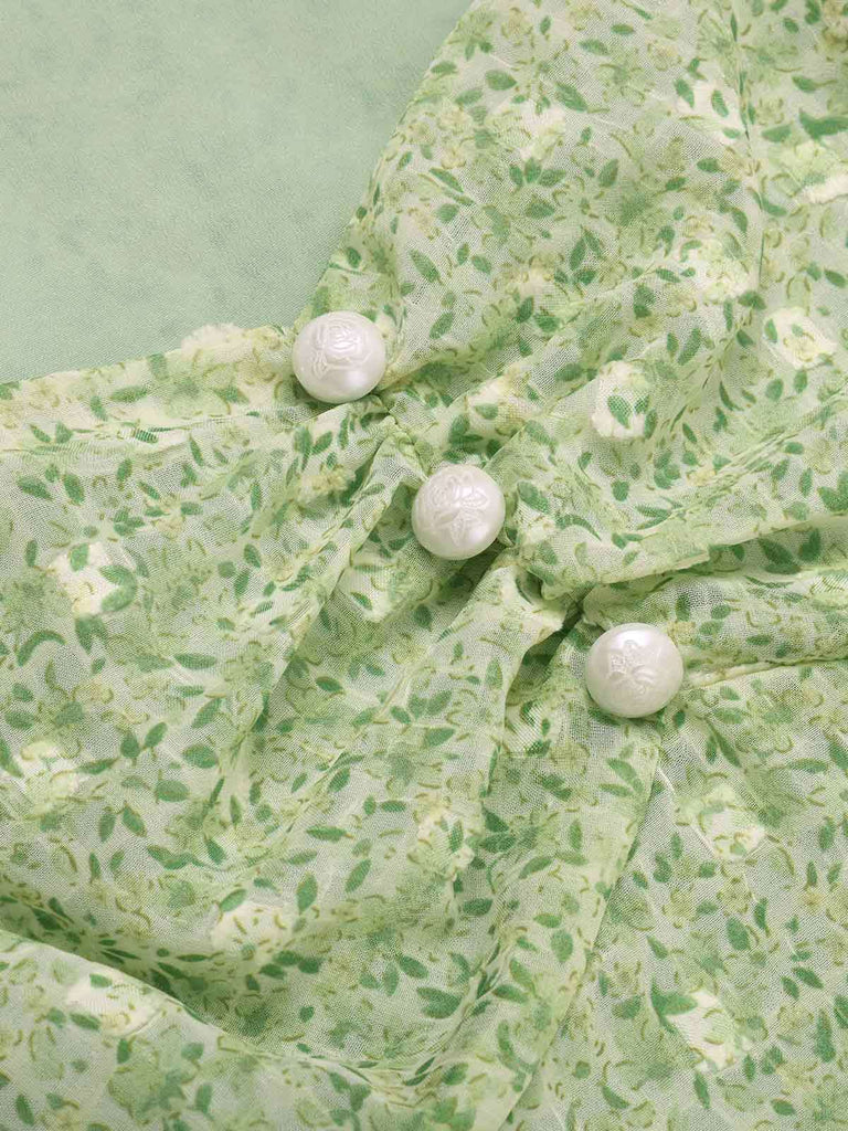 Robe verte à petites fleurs col cœur des années 1940
