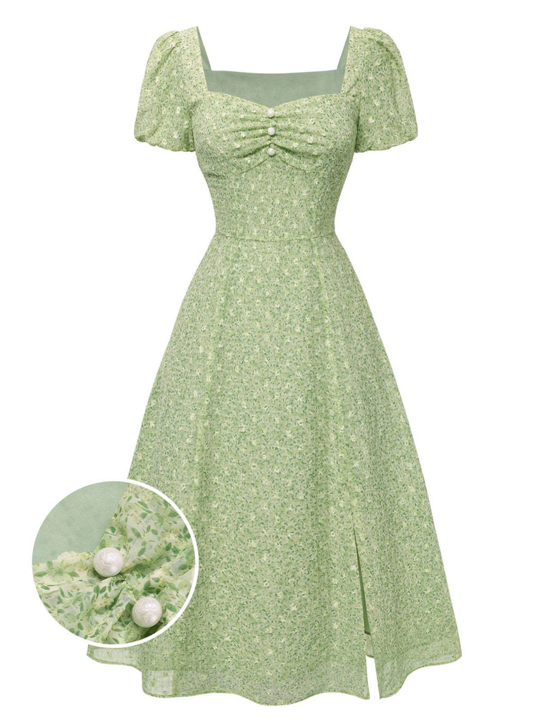 Robe verte à petites fleurs col cœur des années 1940
