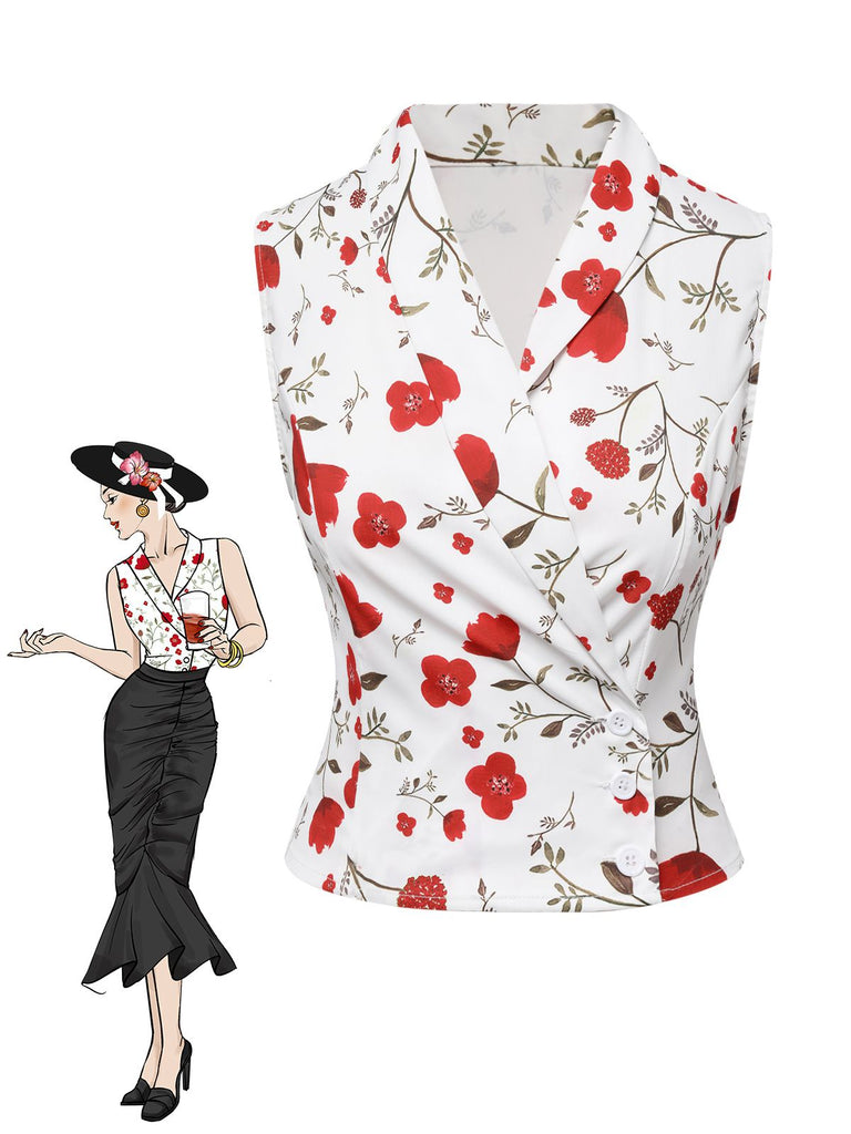 Haut à revers asymétrique à fleurs blanc des années 1930