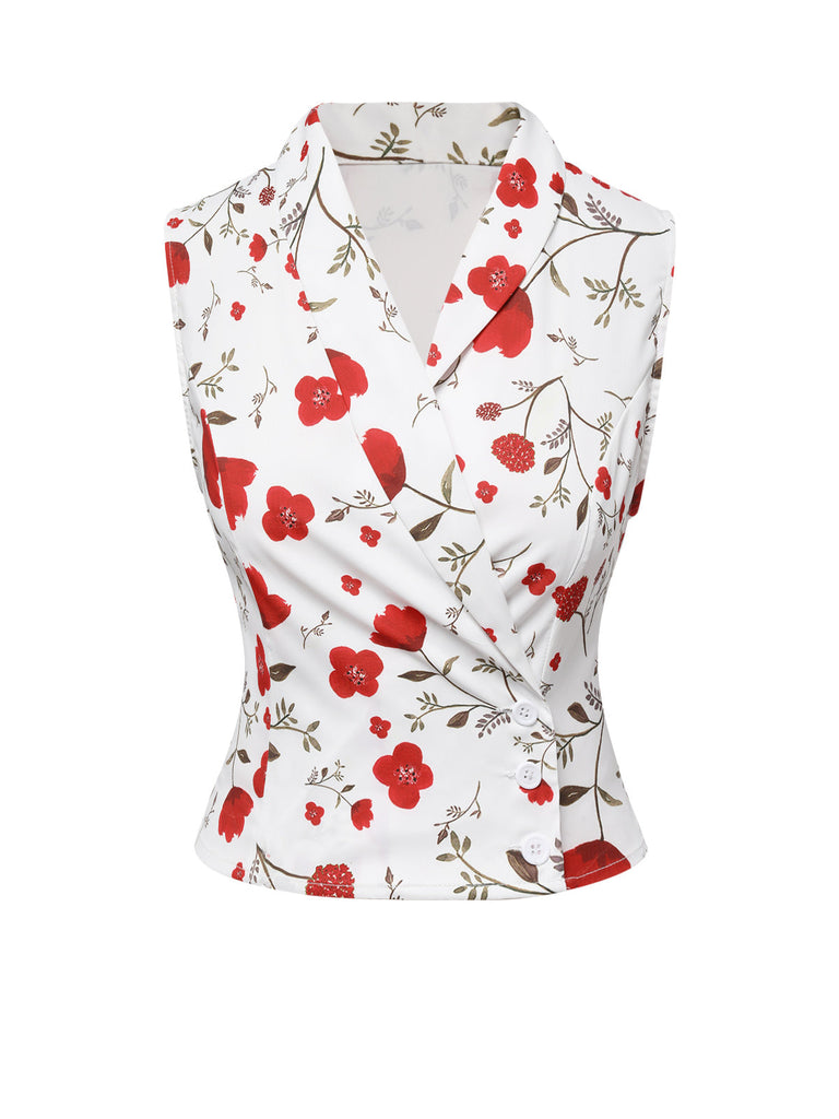 Haut à revers asymétrique à fleurs blanc des années 1930