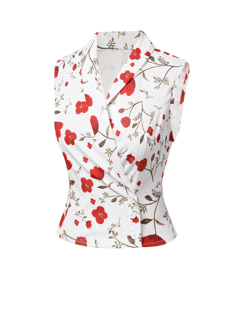 Haut à revers asymétrique à fleurs blanc des années 1930