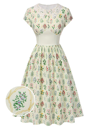 Robe beige col revers en dentelle florale des années 1940