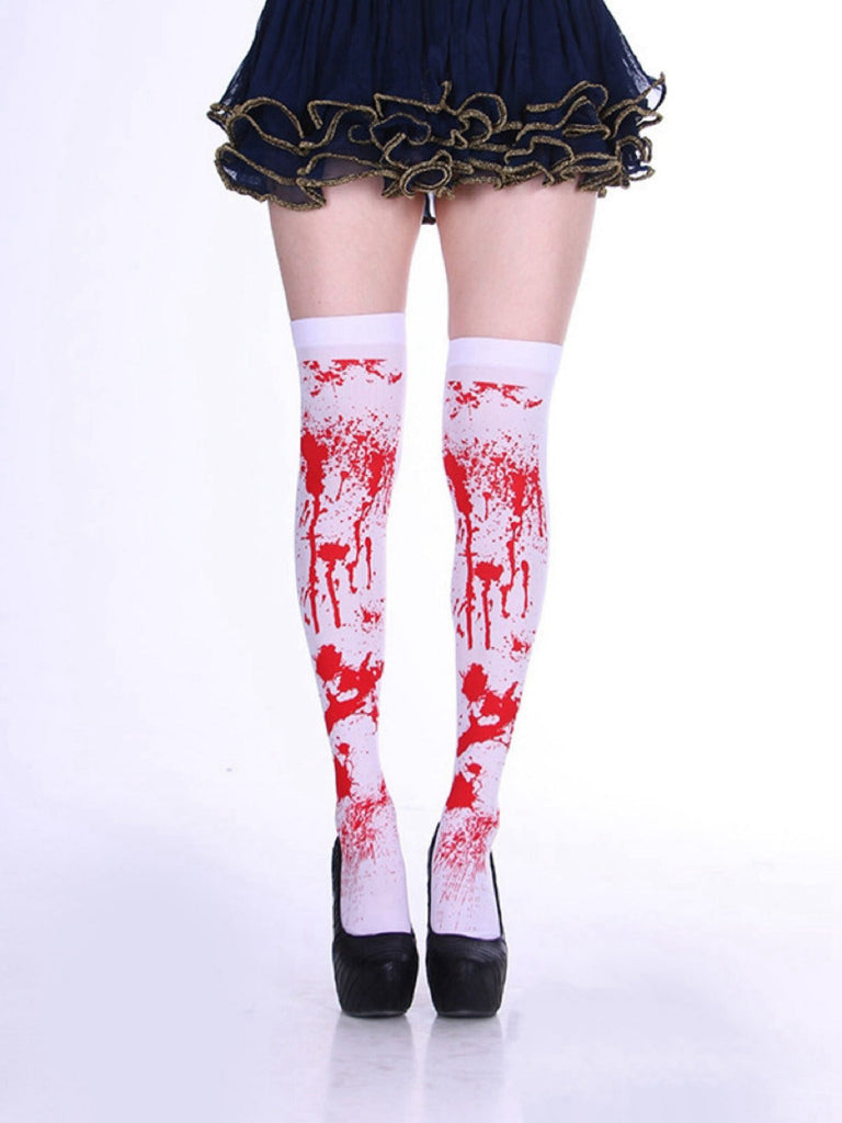 Bas cuissardes blancs et rouges à taches de sang pour Halloween