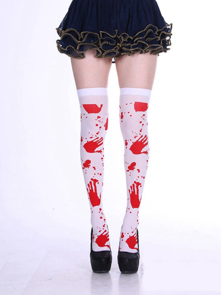 Bas cuissardes blancs et rouges à taches de sang pour Halloween