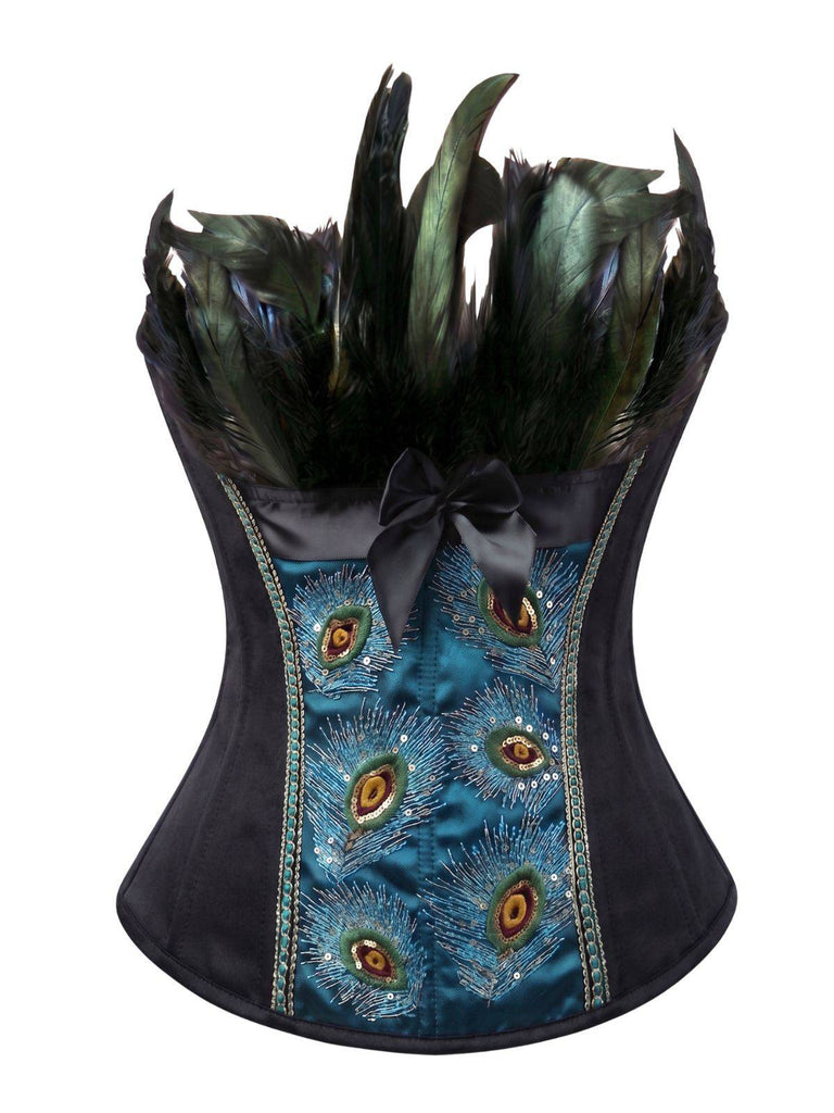Corset bleu sarcelle brodé de motifs de plumes de paon années 1930