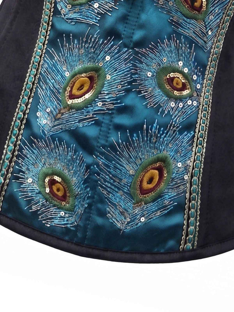 Corset bleu sarcelle brodé de motifs de plumes de paon années 1930