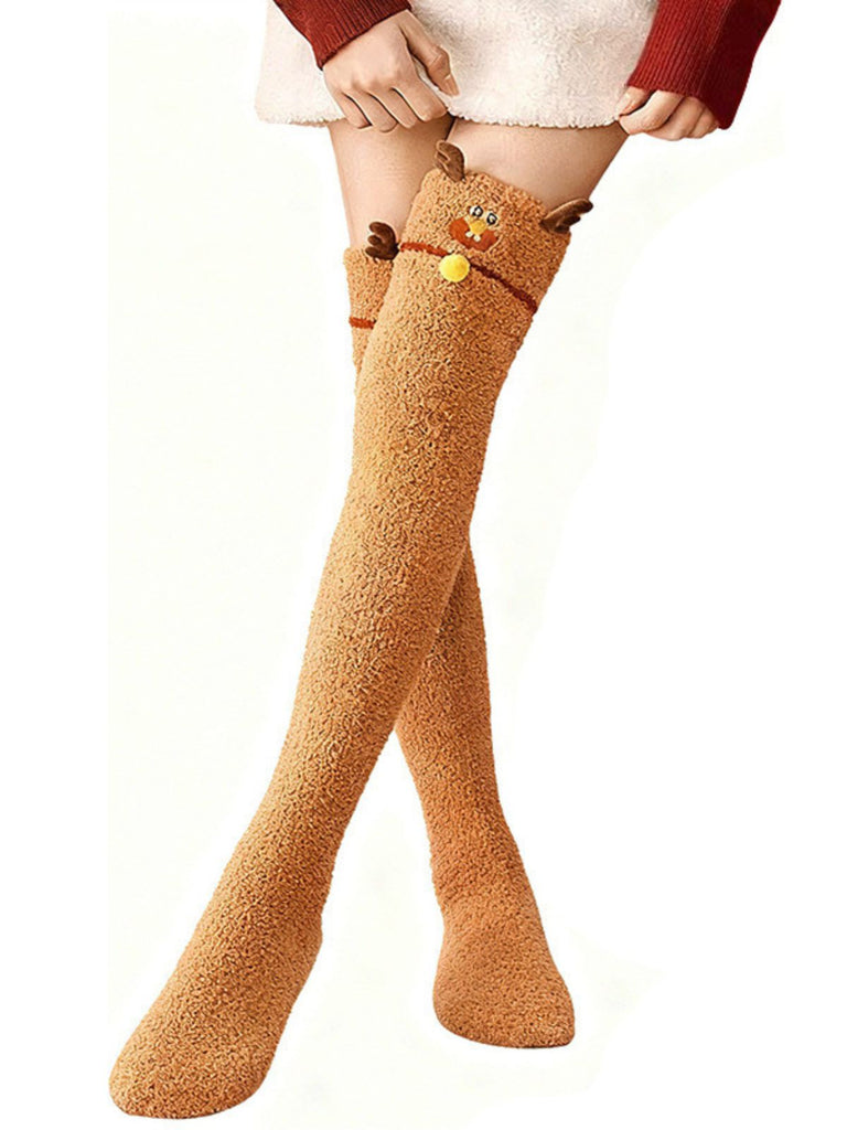 Chaussettes de Noël duveteuses au-dessus du genou à motif renne - 2