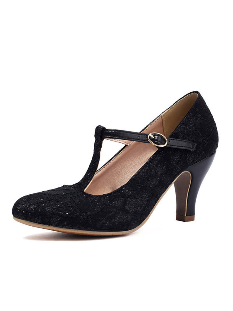 Talons hauts vintage en dentelle patchwork avec bride en T et boucle