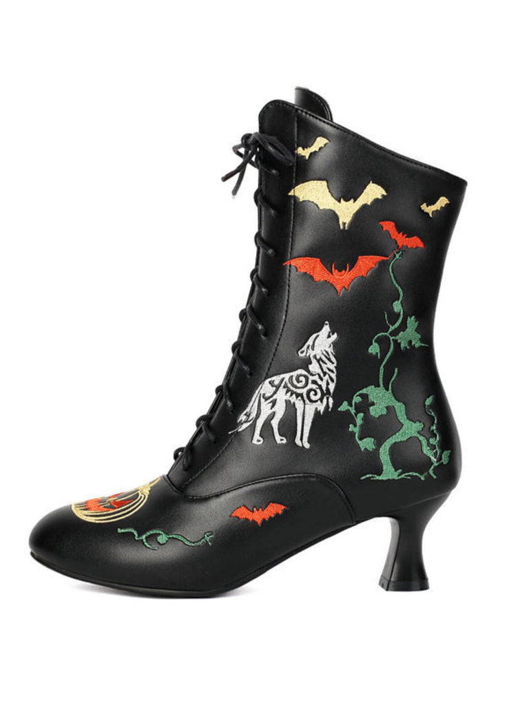 Bottes mi-mollet à lacets motif chauve-souris et citrouille d'Halloween