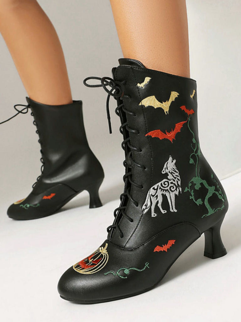 Bottes mi-mollet à lacets motif chauve-souris et citrouille d'Halloween