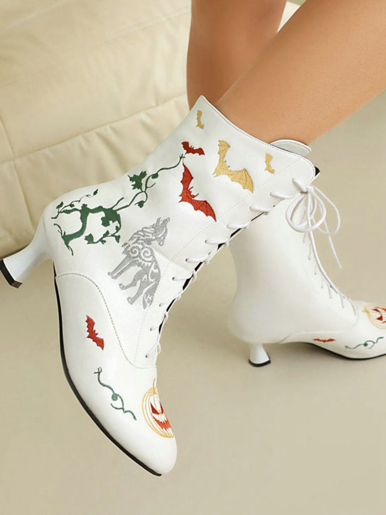 Bottes mi-mollet à lacets motif chauve-souris et citrouille d'Halloween