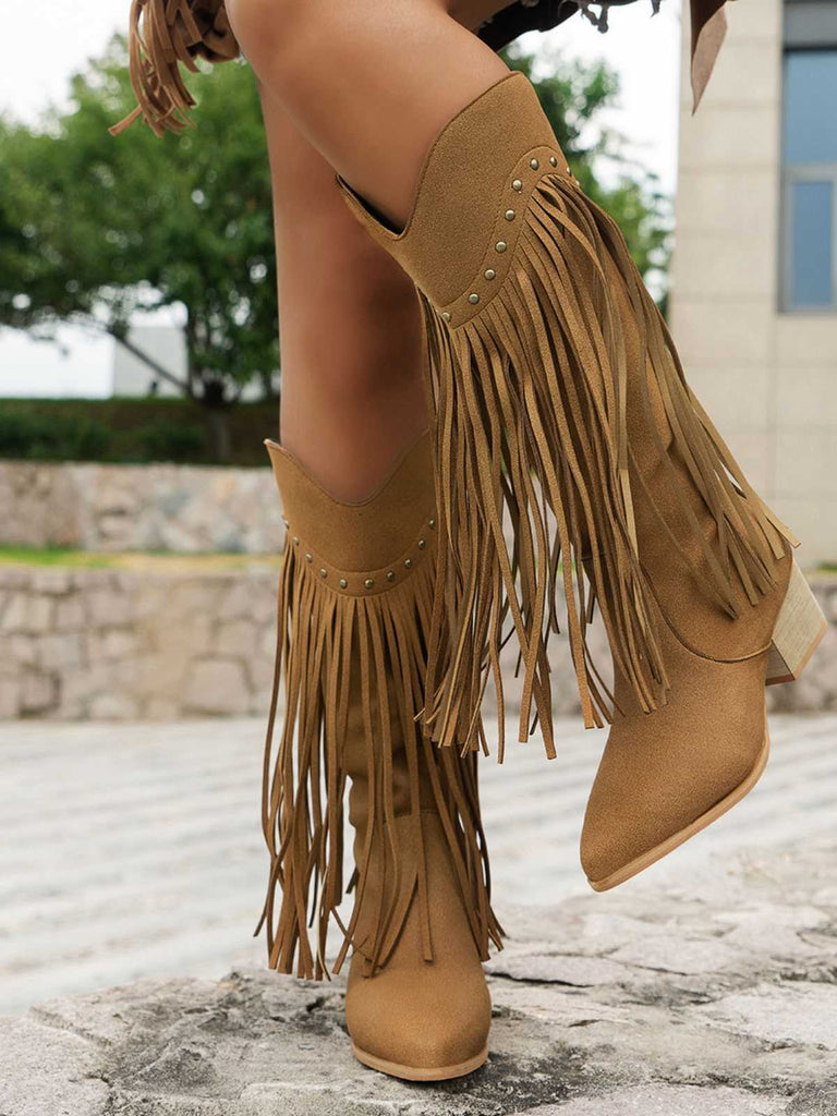 Bottes à talons hauts épais et pompons vintage
