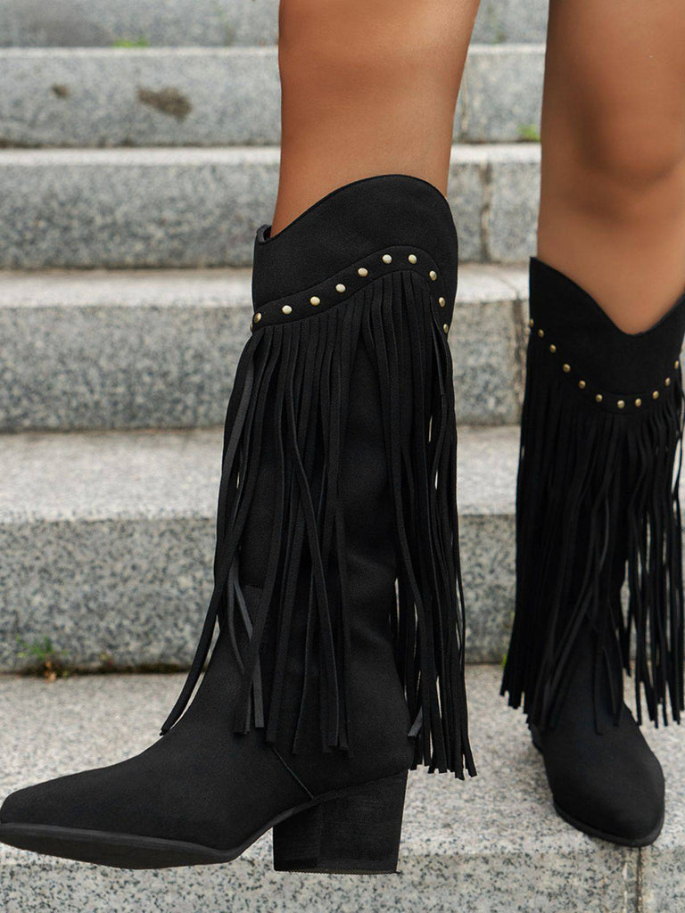 Bottes à talons hauts épais et pompons vintage