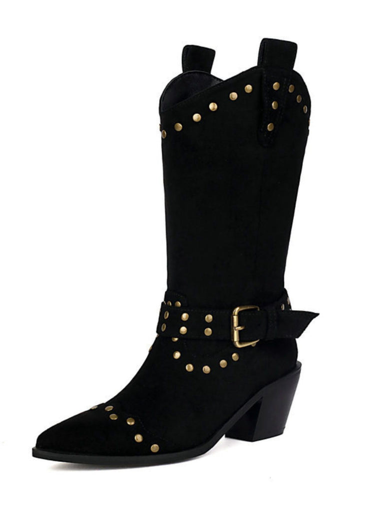 Bottes à talons épais et bout golf clouté en flanelle