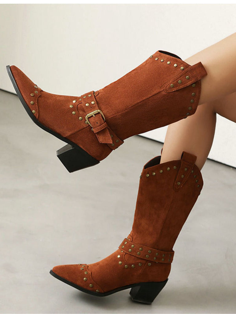 Bottes à talons épais et bout golf clouté en flanelle