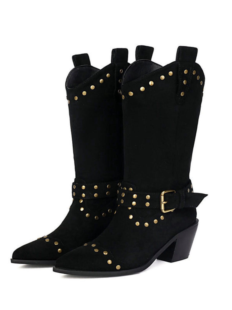 Bottes à talons épais et bout golf clouté en flanelle