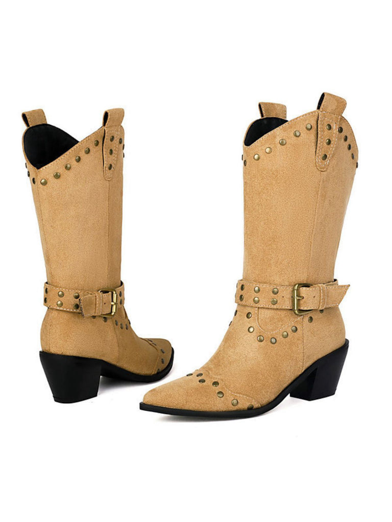 Bottes à talons épais et bout golf clouté en flanelle