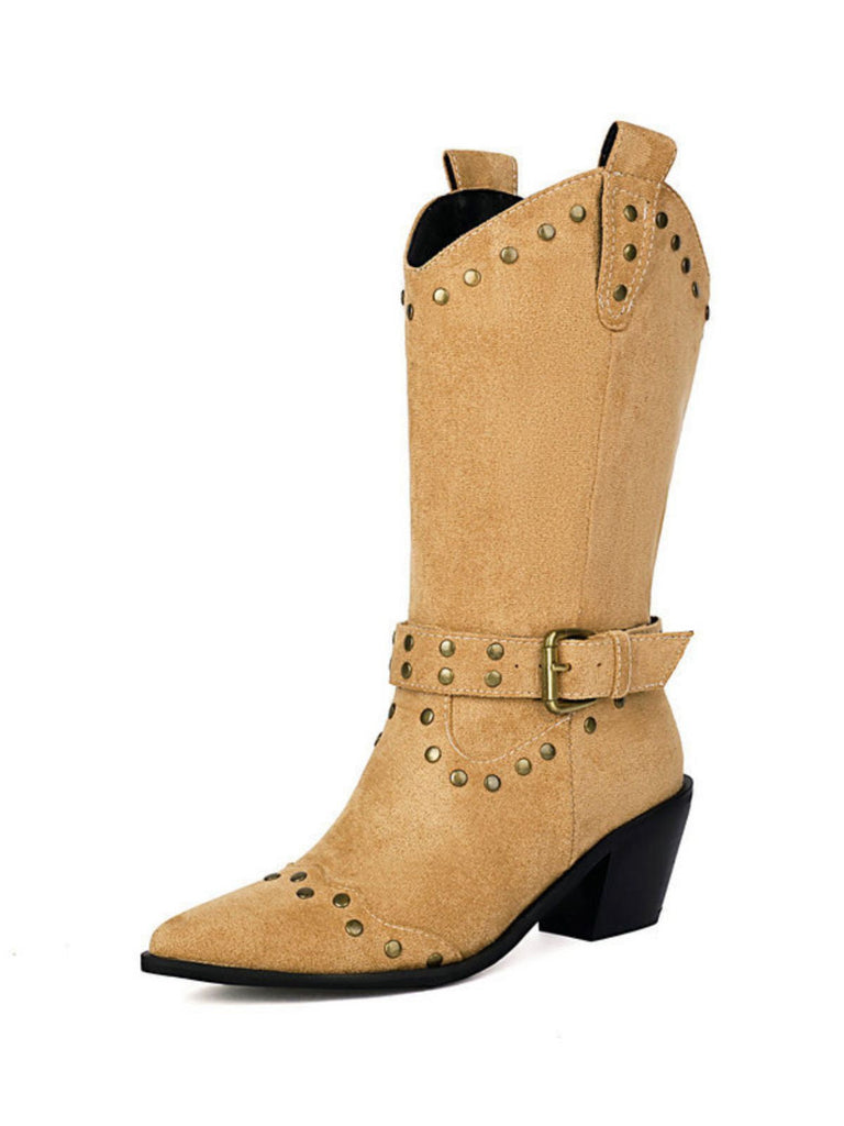 Bottes à talons épais et bout golf clouté en flanelle