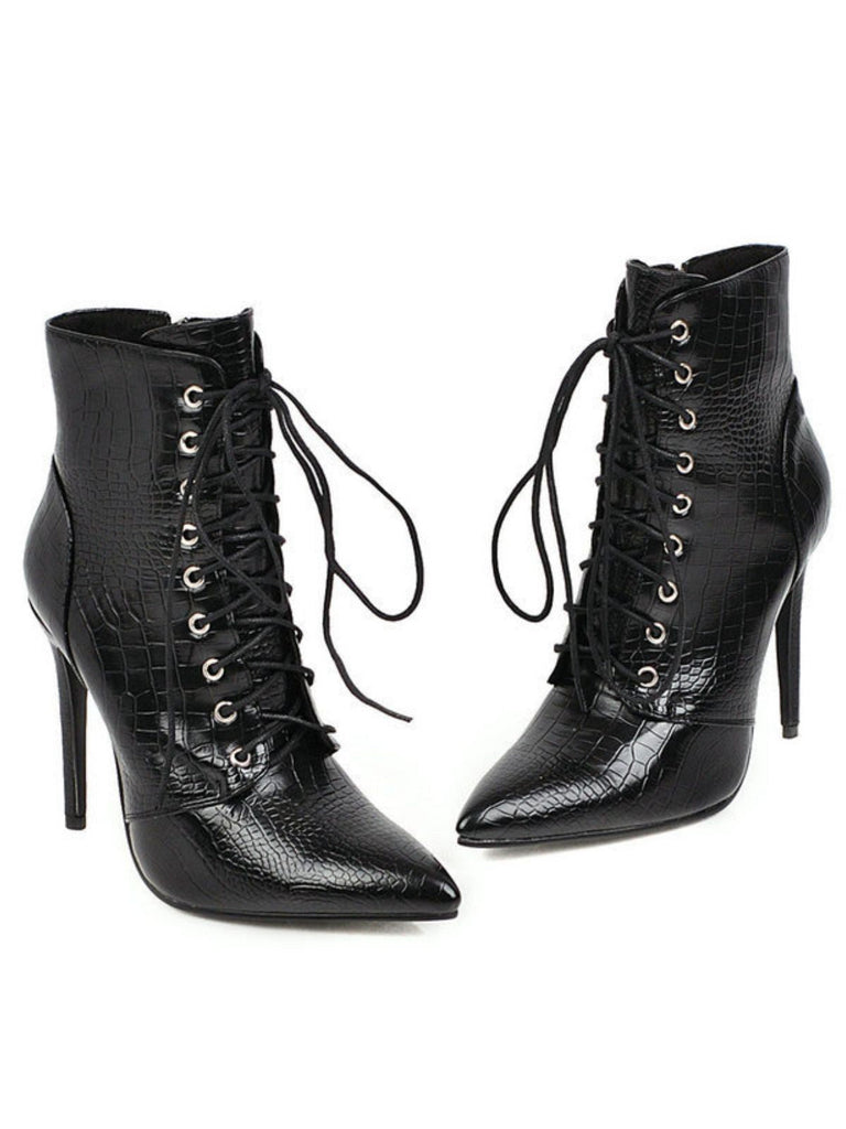 Bottes mi-mollet à lacets en similicuir de crocodile