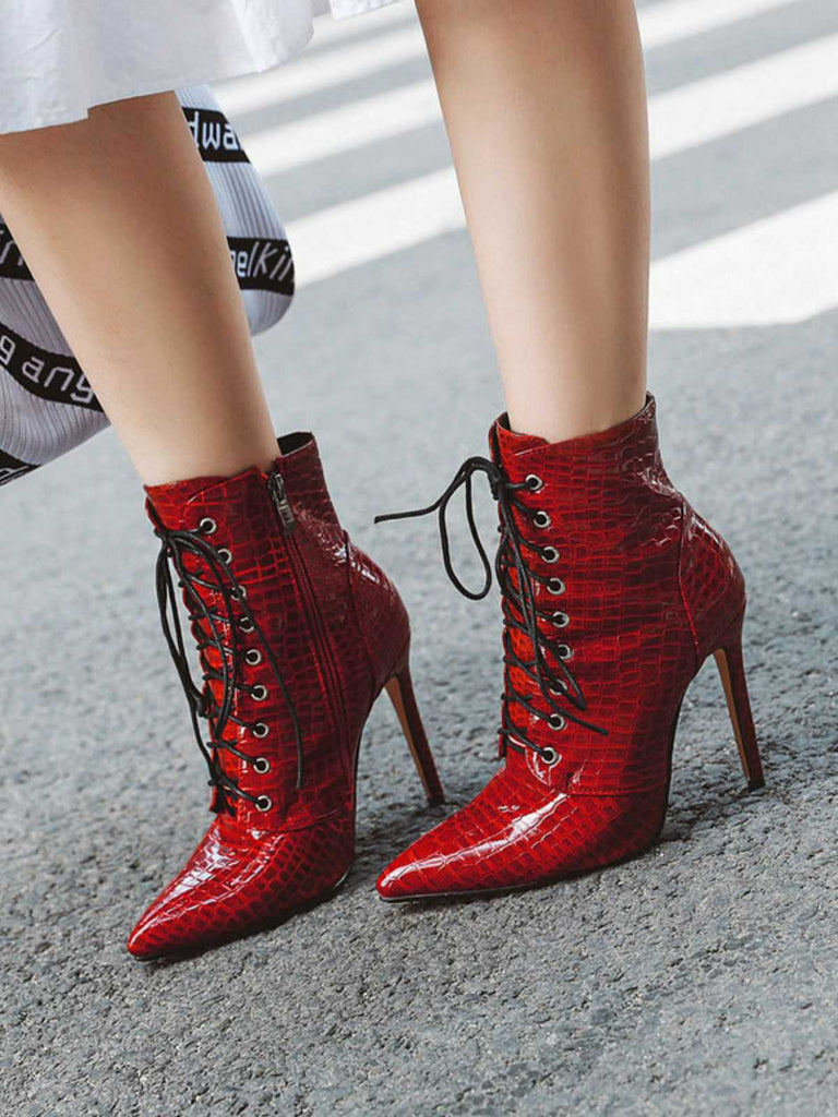 Bottes mi-mollet à lacets en similicuir de crocodile