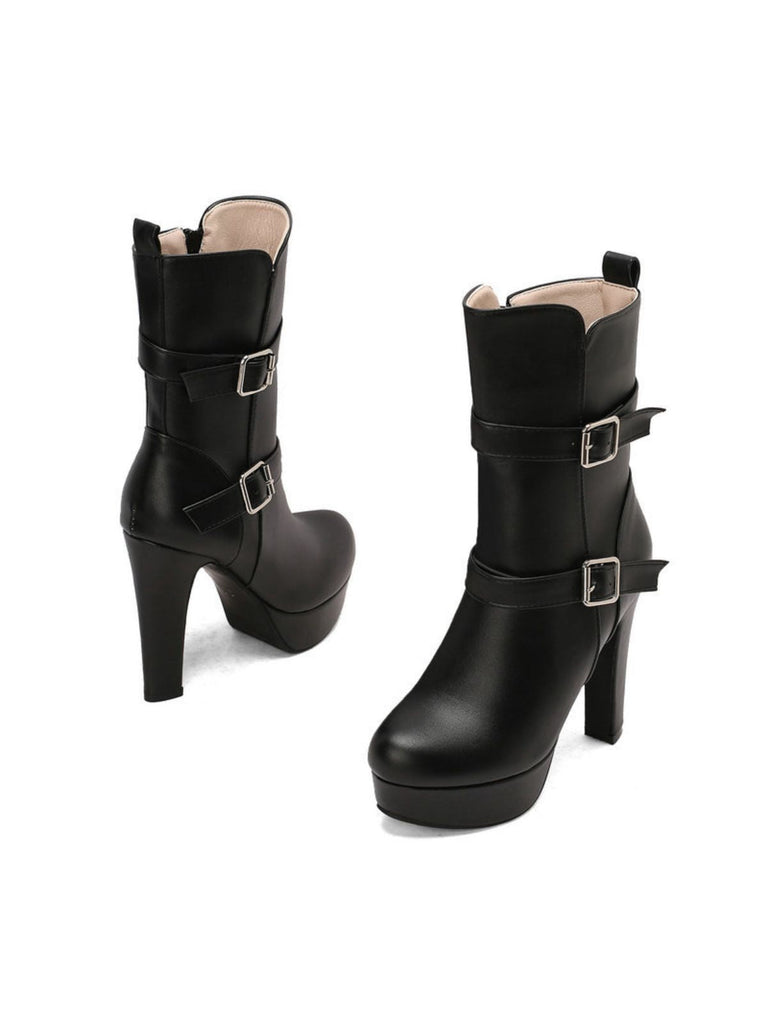 Bottes mi-mollet à talon compensé et bout rond en cuir synthétique