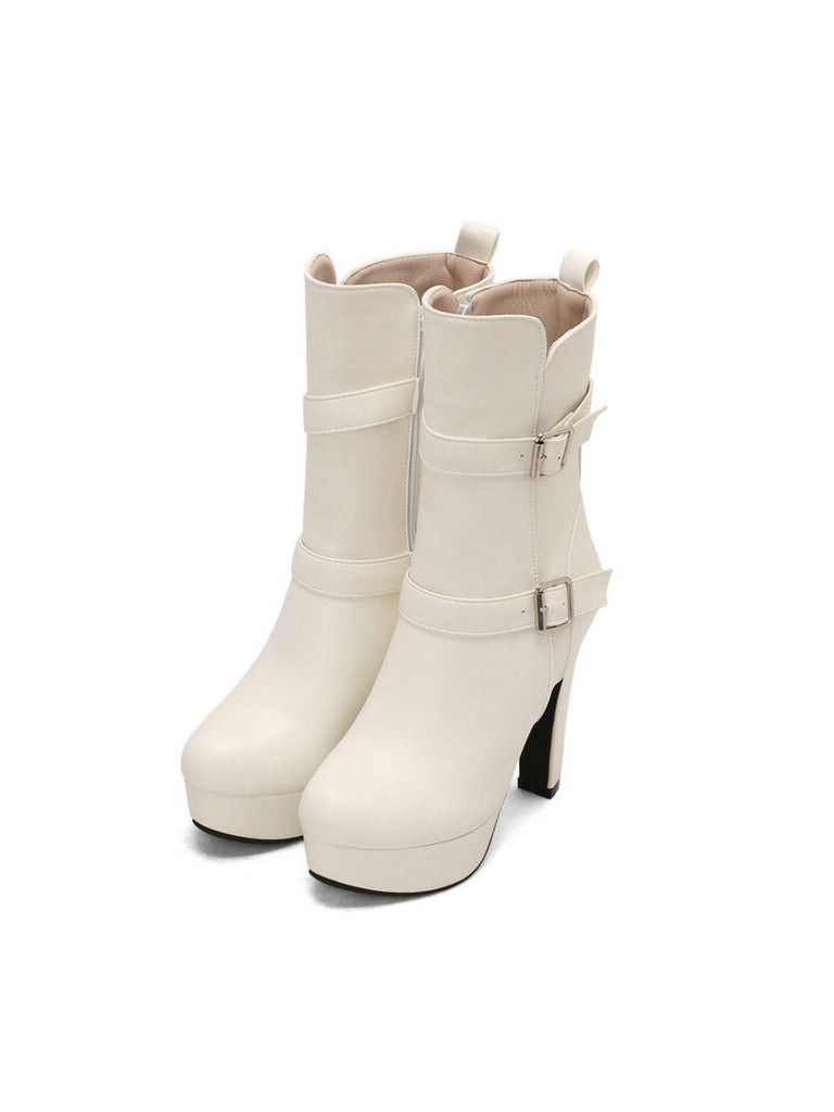 Bottes mi-mollet à talon compensé et bout rond en cuir synthétique