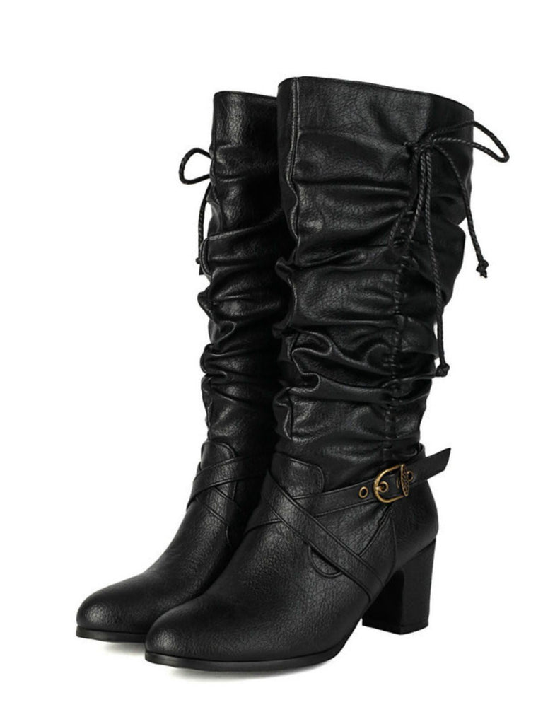 Bottes à talons épais froncés à boucle solide vintage