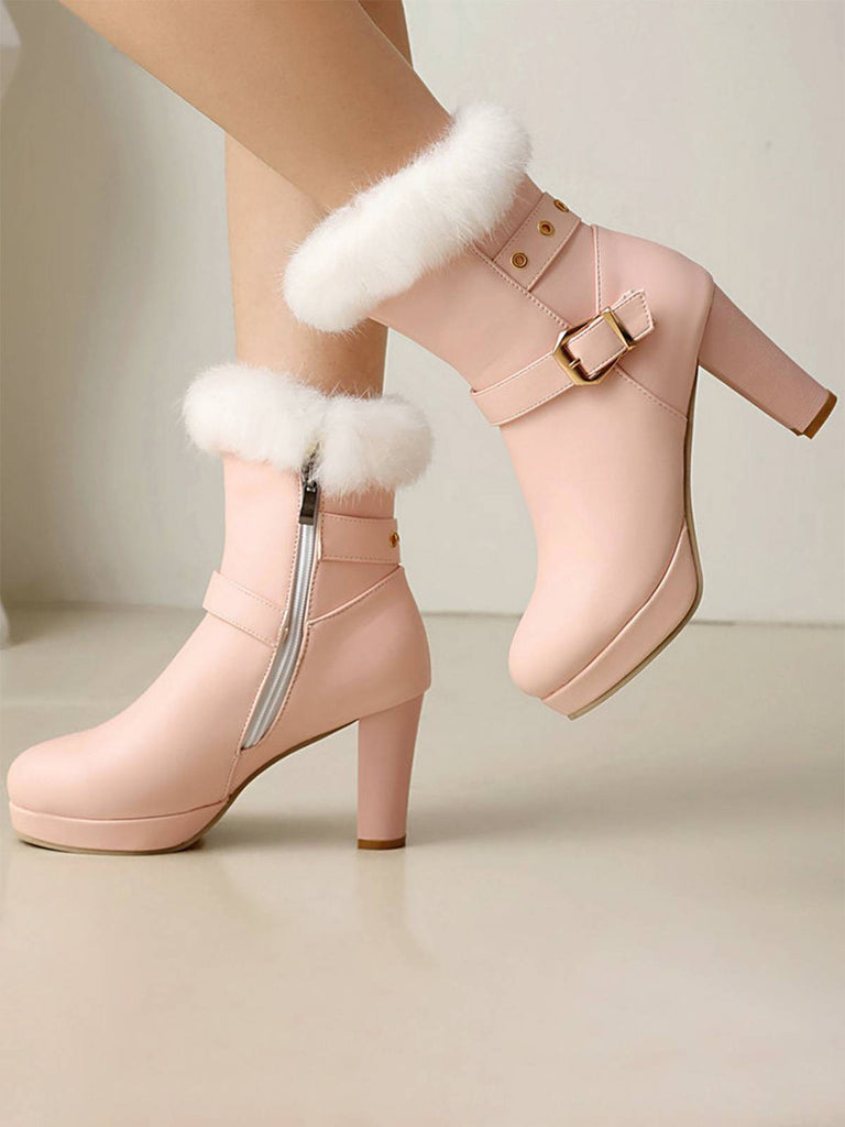 Bottes à talons hauts vintage en fausse fourrure avec boucle