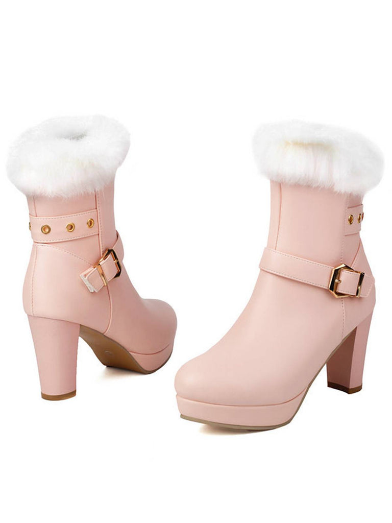 Bottes à talons hauts vintage en fausse fourrure avec boucle