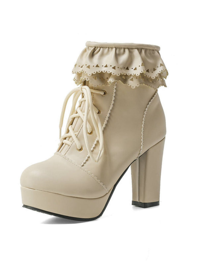 Bottes à talons hauts épais à lacets et volants vintage