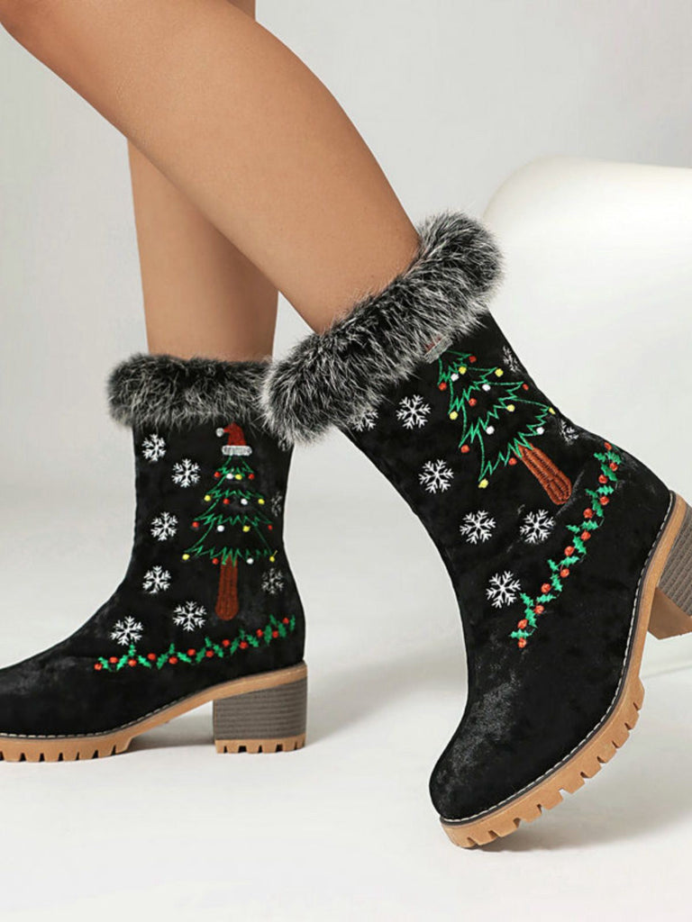 Bottes à talons épais en peluche Vintage Christmas Tree Snowflake