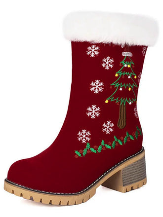 Bottes à talons épais en peluche Vintage Christmas Tree Snowflake