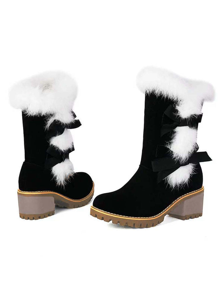 Bottes à talons épais et nœud papillon vintage avec bordure en peluche