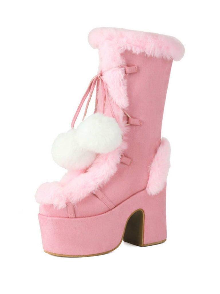 Bottes à talons hauts et bout rond en fausse fourrure vintage