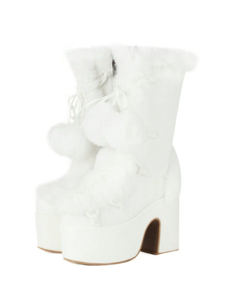 Bottes à talons hauts et bout rond en fausse fourrure vintage