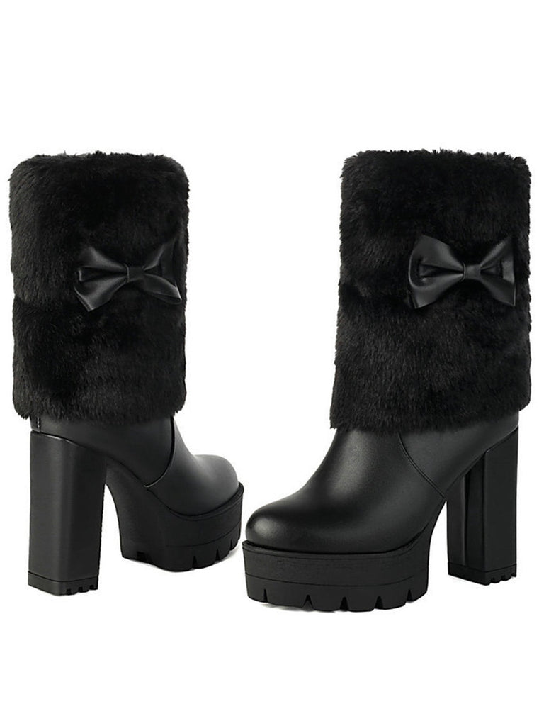 Bottes à talons épais en peluche avec nœud papillon vintage