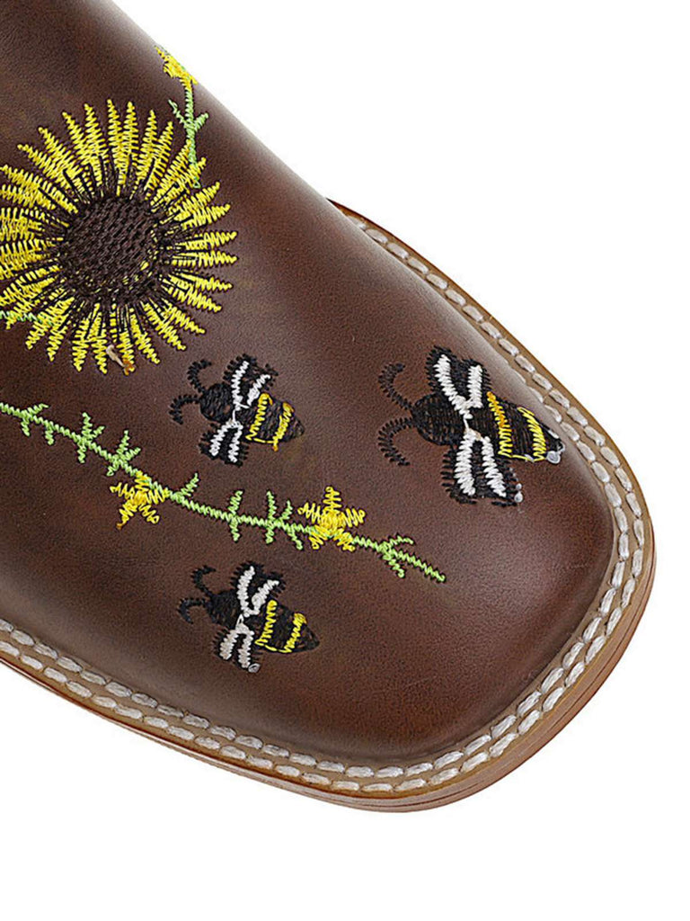 Bottes mi-mollet de style western à motif tournesol marron brodé