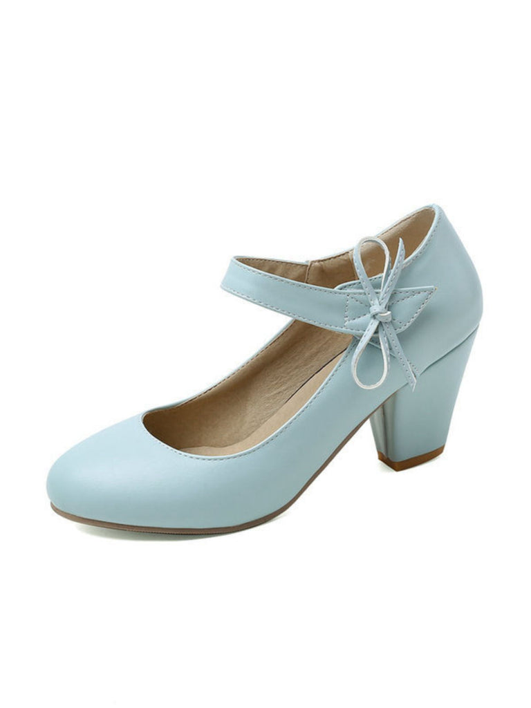 Escarpins rétro à bout rond et nœud papillon à talons épais