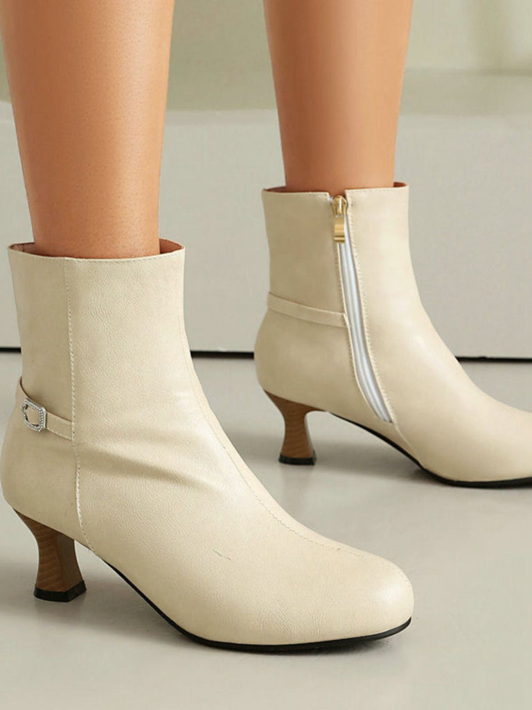 Bottines rétro en similicuir uni avec fermeture éclair latérale
