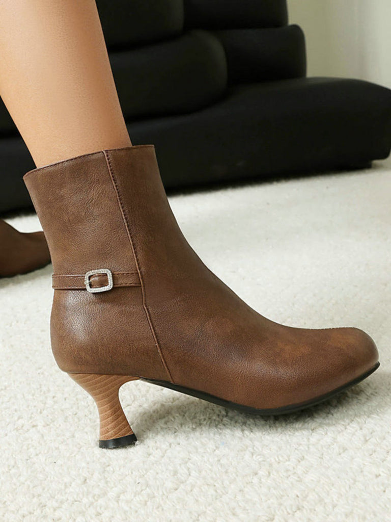 Bottines rétro en similicuir uni avec fermeture éclair latérale