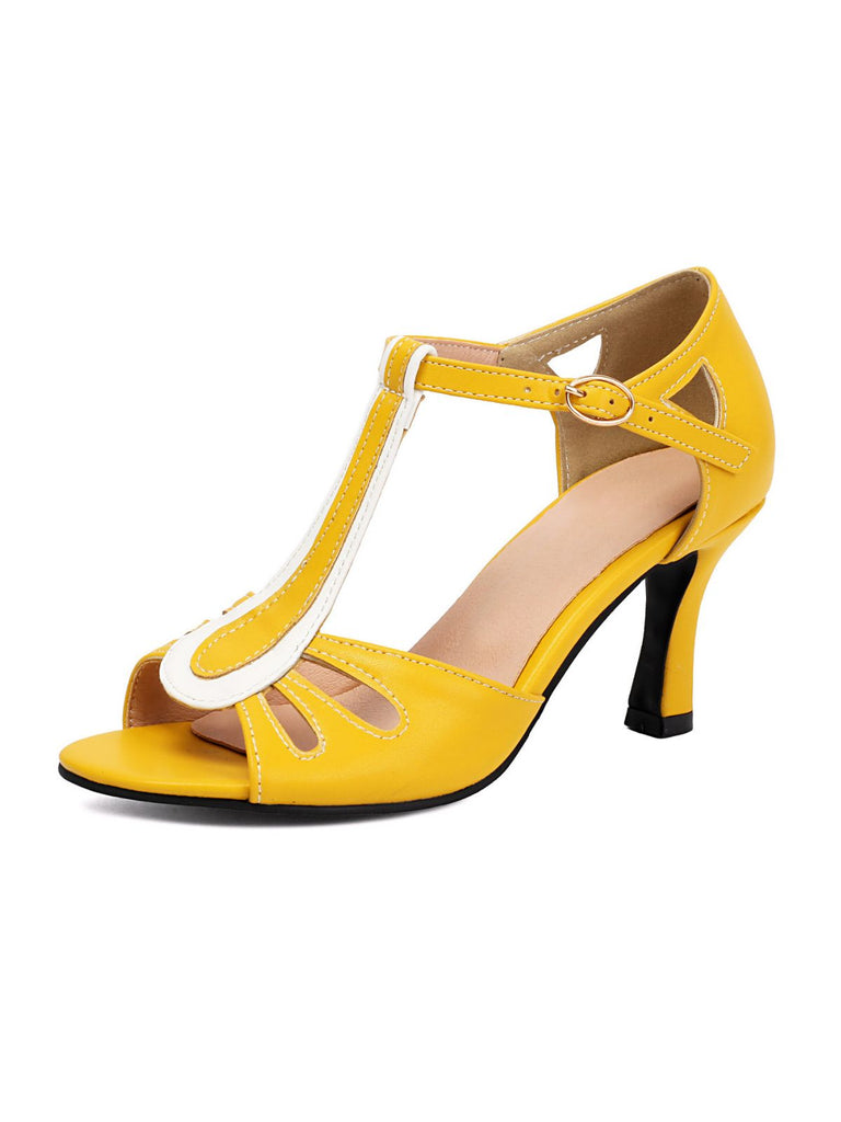 Bout Ouvert Ajouré Blocs de Couleur Bride en T Talons 11