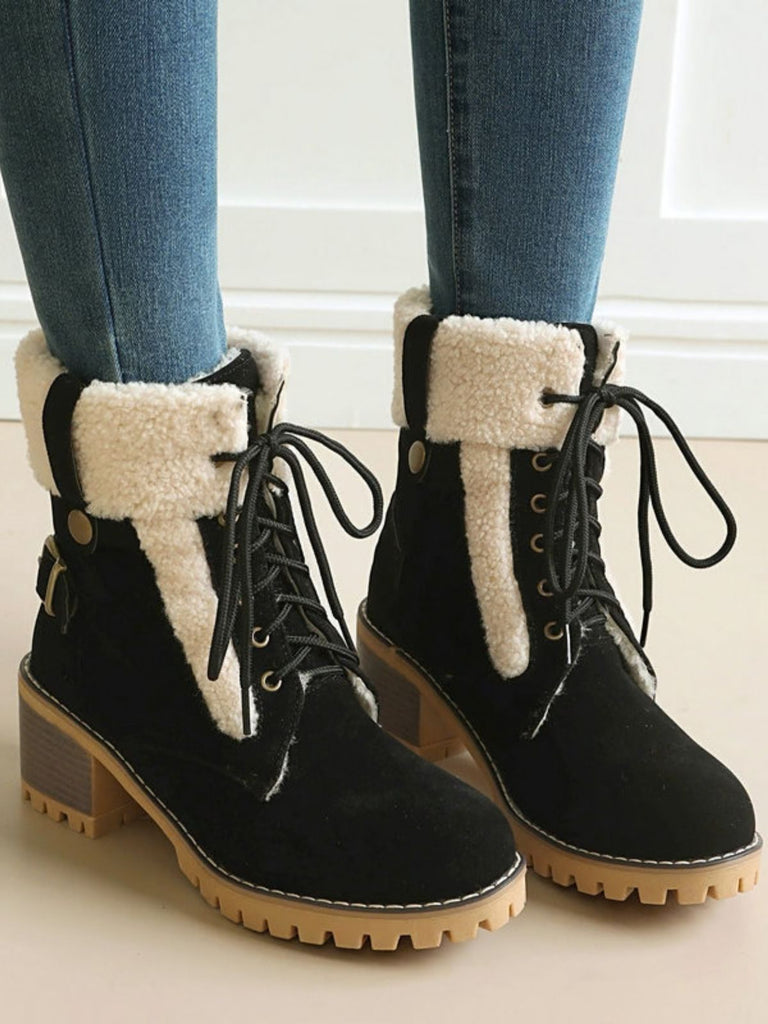 Bottines richelieu en nubuck à lacets, doublure peluche et talon épais - 3