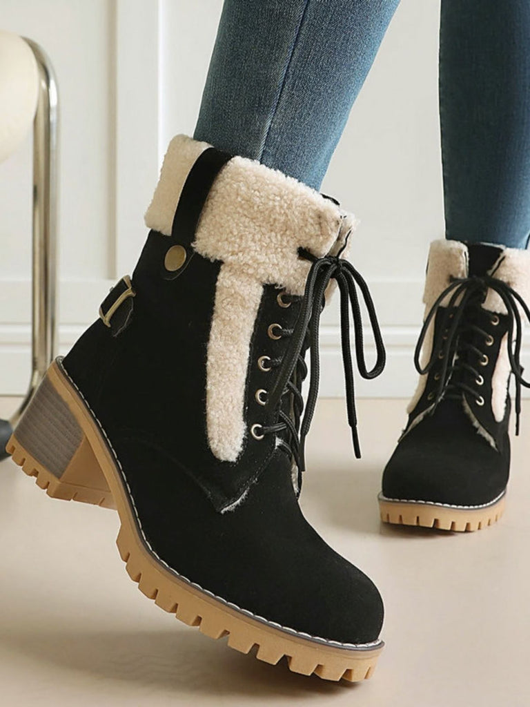 Bottines richelieu en nubuck à lacets, doublure peluche et talon épais - 4