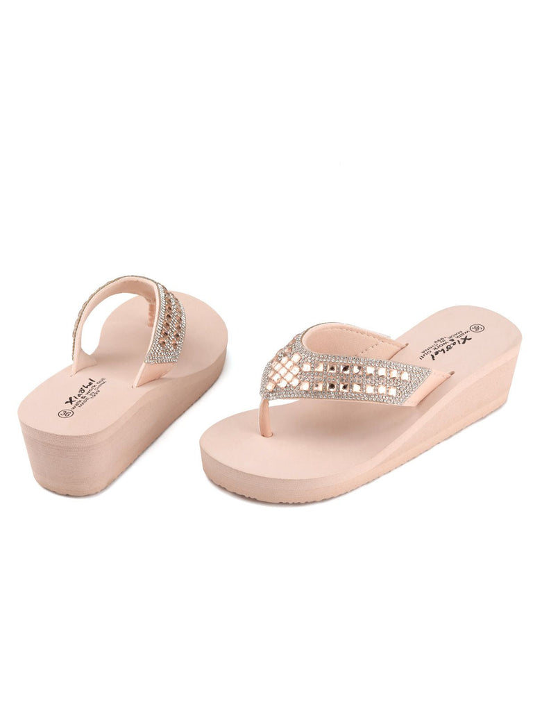 Pantoufles tongs compensées en strass