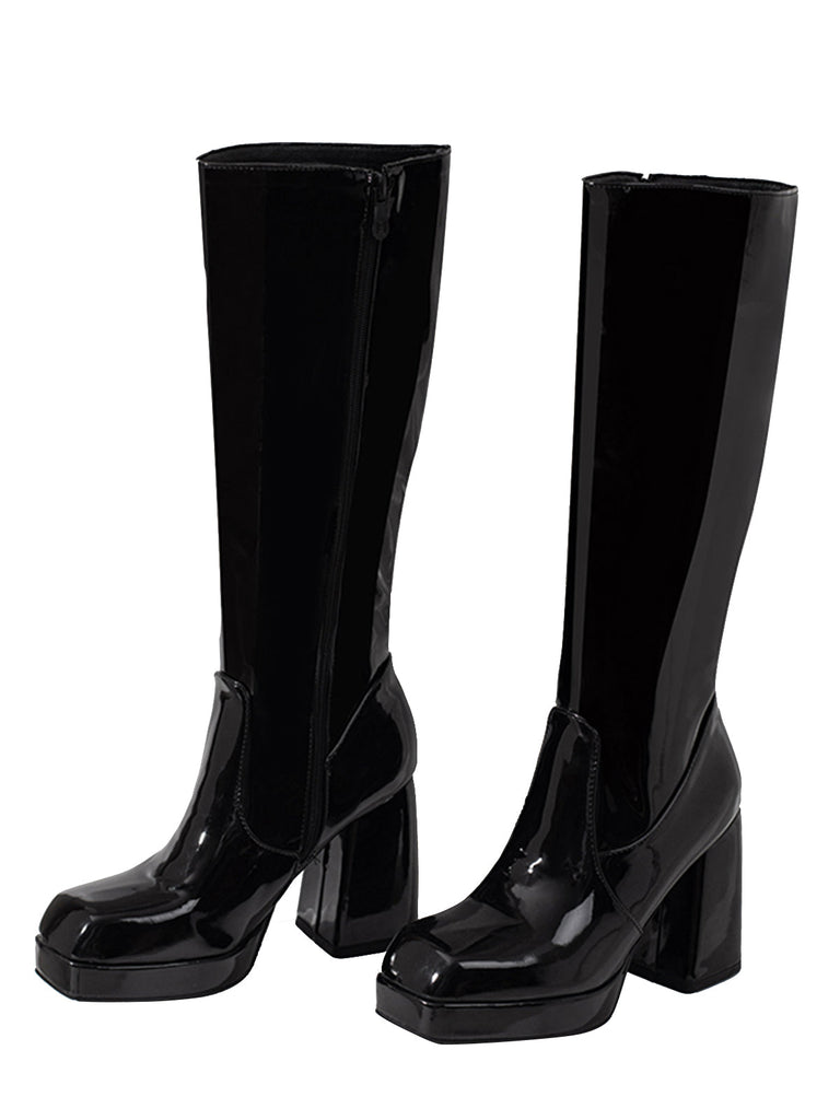 Bottes à talons hauts solides en cuir verni à bout rond